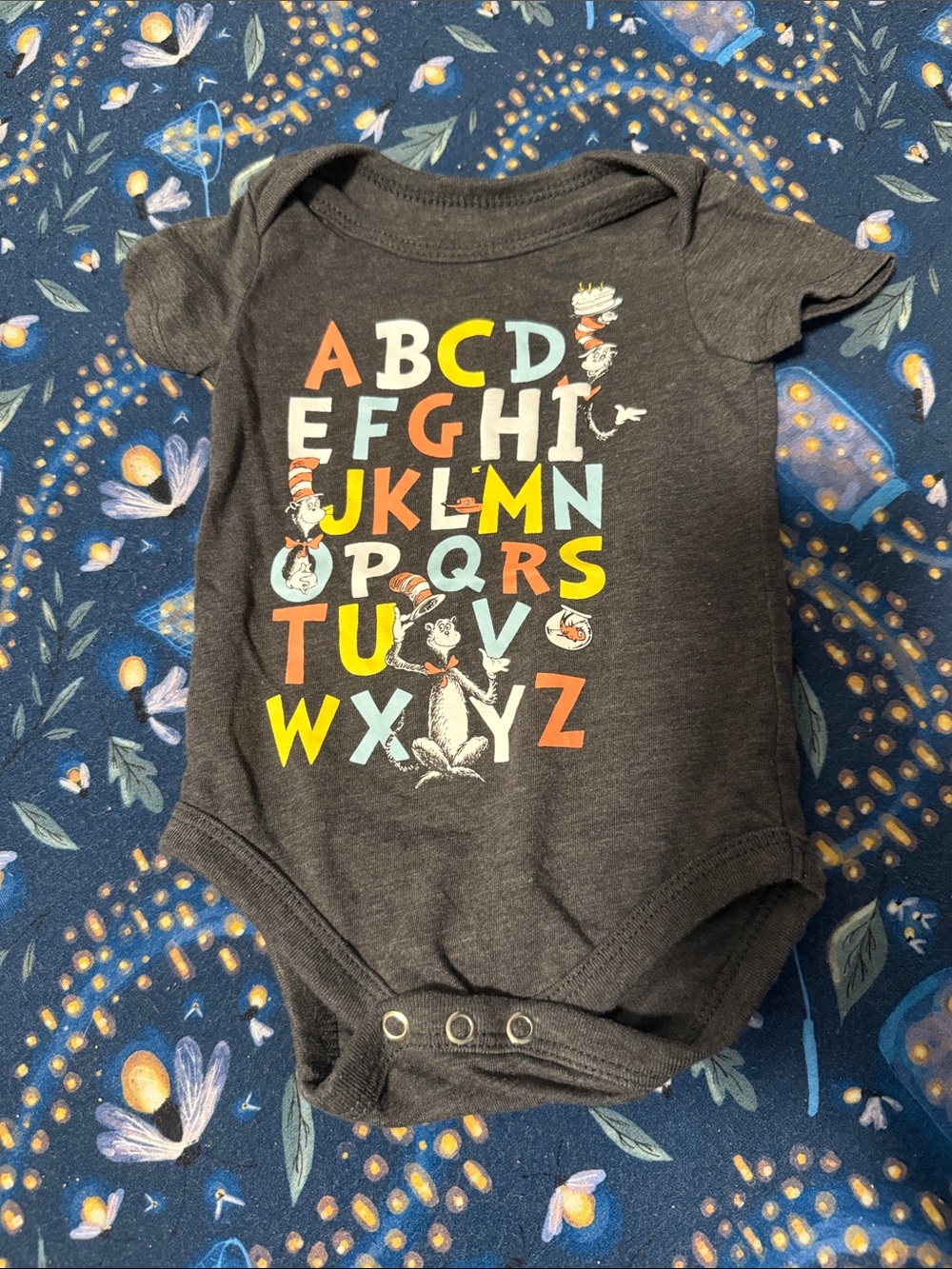 Dr. Seuss Charcoal Alphabet Graphic One-Piece Bodysuit with Multicolor Letters